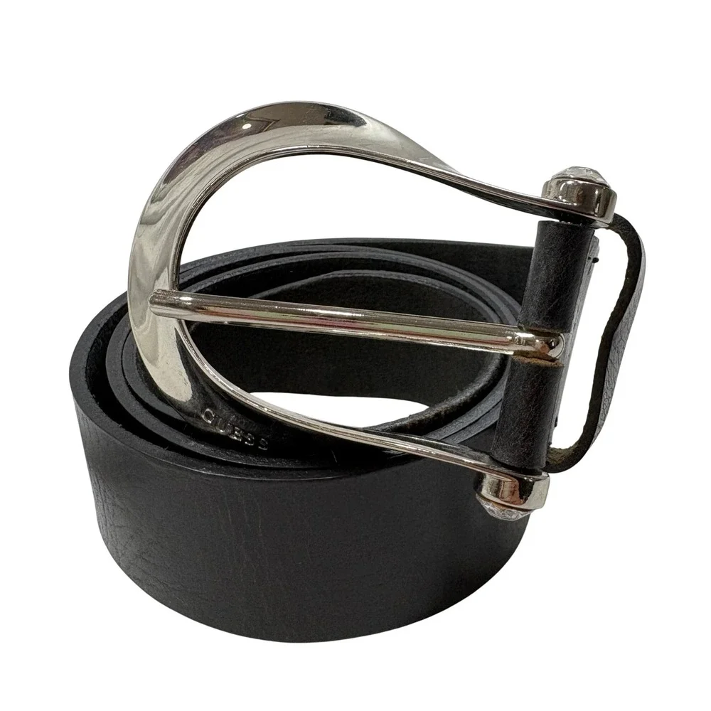 Guess Black Genuine Leather Belt Silver Horseshoe Buckle XL 1951033 Mens Womens
